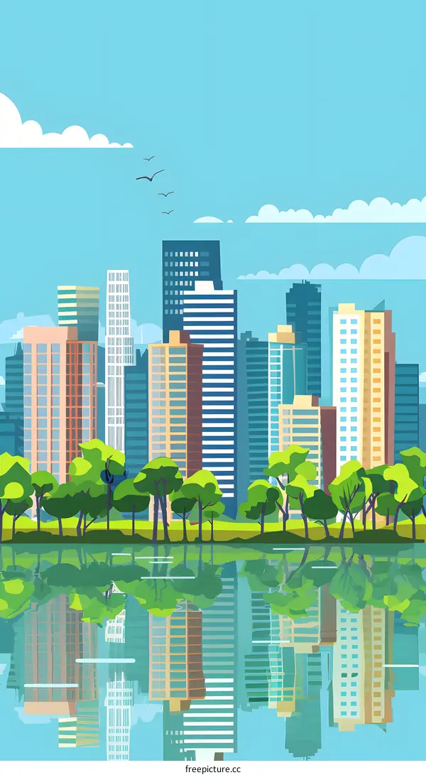 Modern City Skyline with Reflection in Water