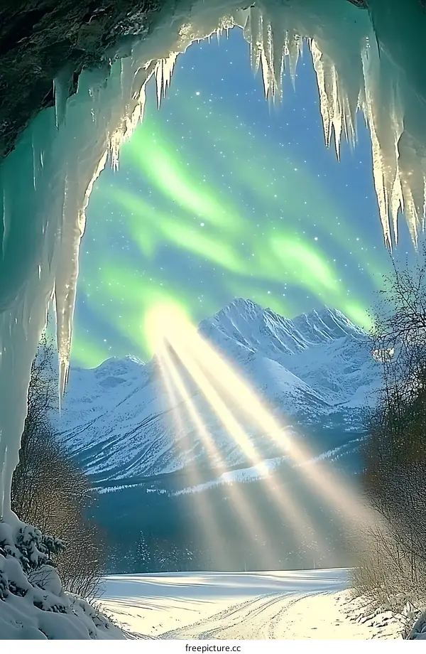Aurora Borealis Shining Through Icy Cave