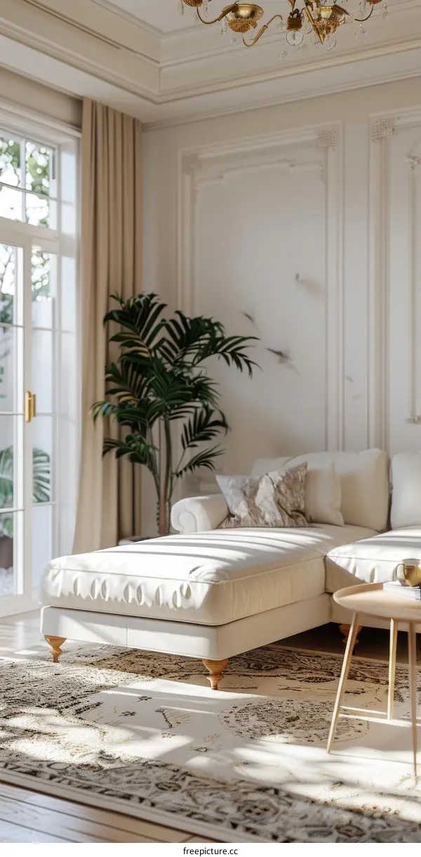 Relaxing Living Room with White Sofa and Green Plant