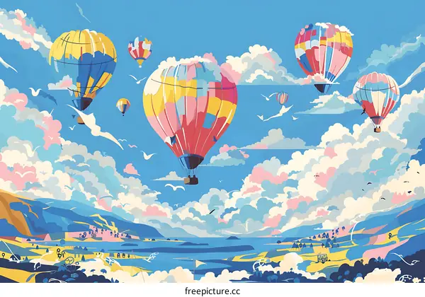 Colorful Hot Air Balloons Flying Over Blue Sky and Green Hills