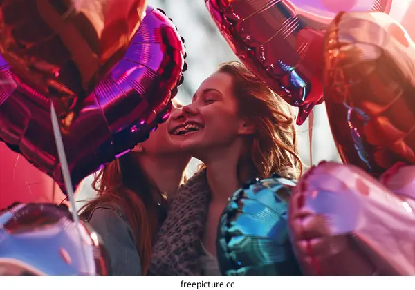 Two happy young women celebrating with colorful balloons