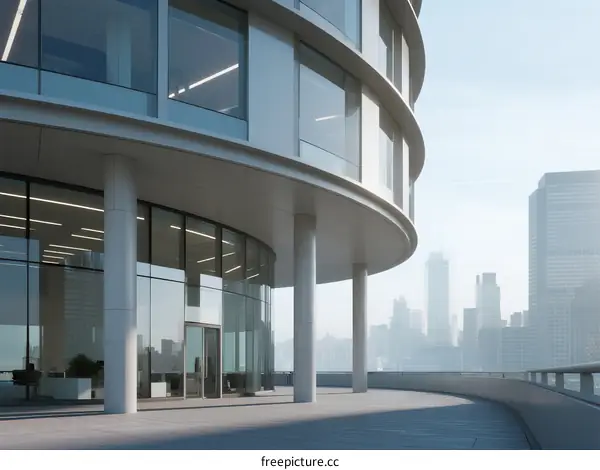 Modern Circular Building with Glass Facade in Urban Setting