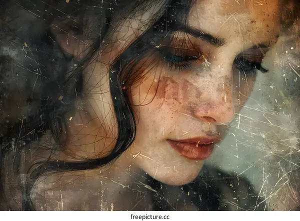 Woman with Freckles Looking Through a Cracked Window