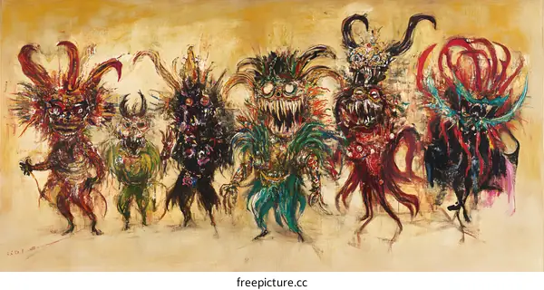 Abstract Art Painting of Carnival Figures with Horns and Masks
