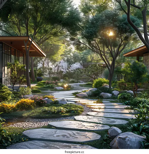 Courtyard with a path, trees, and flowers