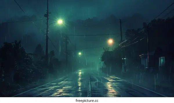 Nighttime rain on an empty street with a single car