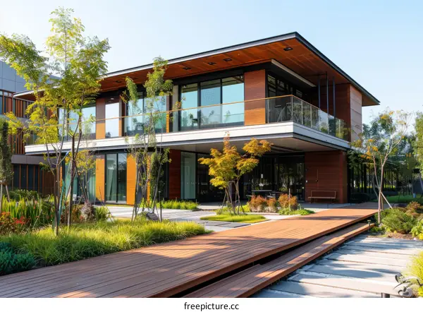 Courtyard house with wooden deck and trees