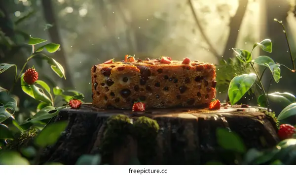 A chocolate cake sits on a tree stump in the middle of a dense forest.