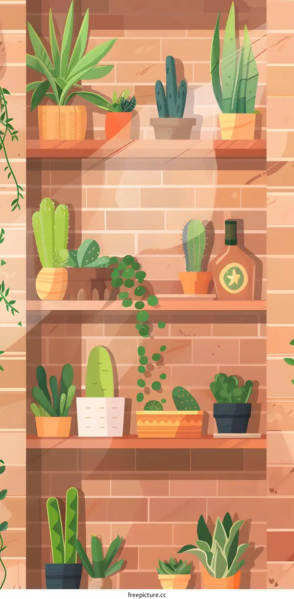 Indoor Plants on Brick Wall Shelves Illustration