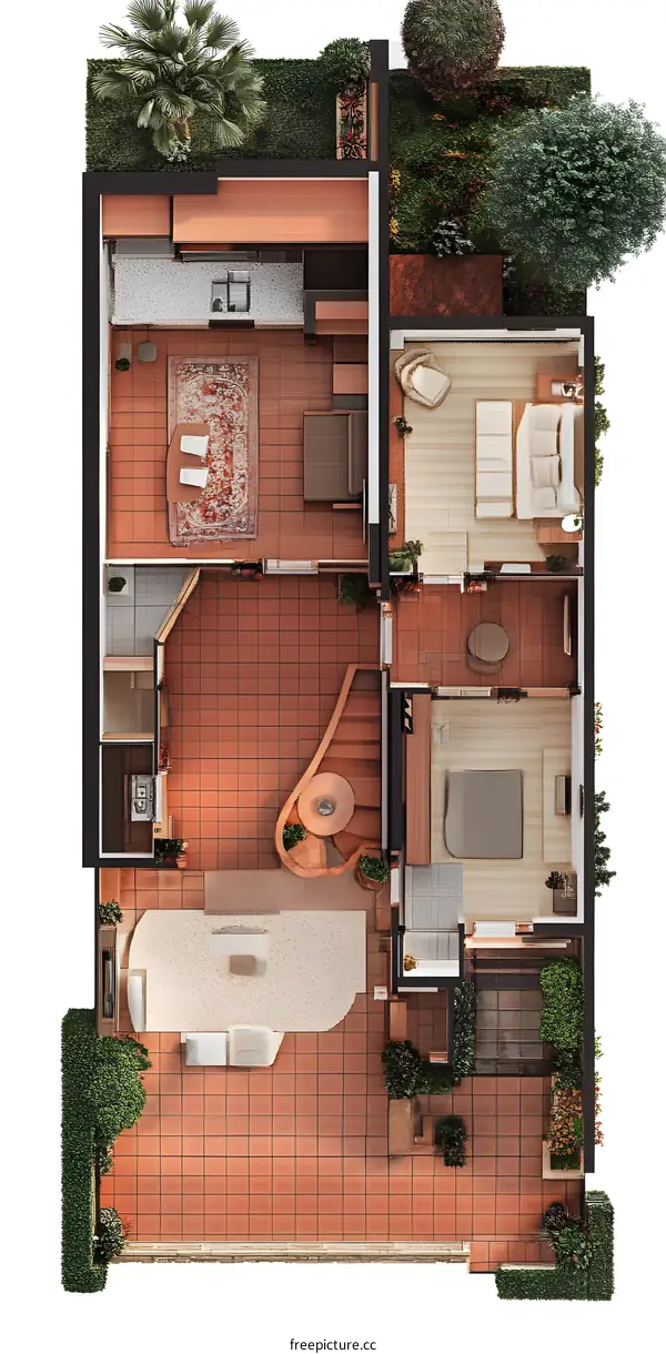 Top View of Modern House Floor Plan with Garden and Patio
