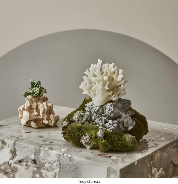 White Coral and Green Moss on Stone Surface
