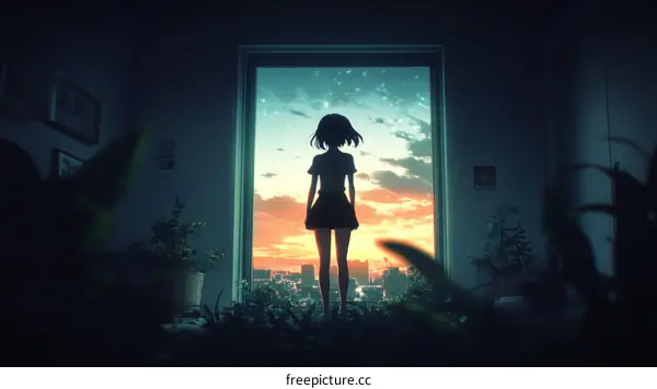 Anime Girl Standing at Window Watching Sunset Cityscape