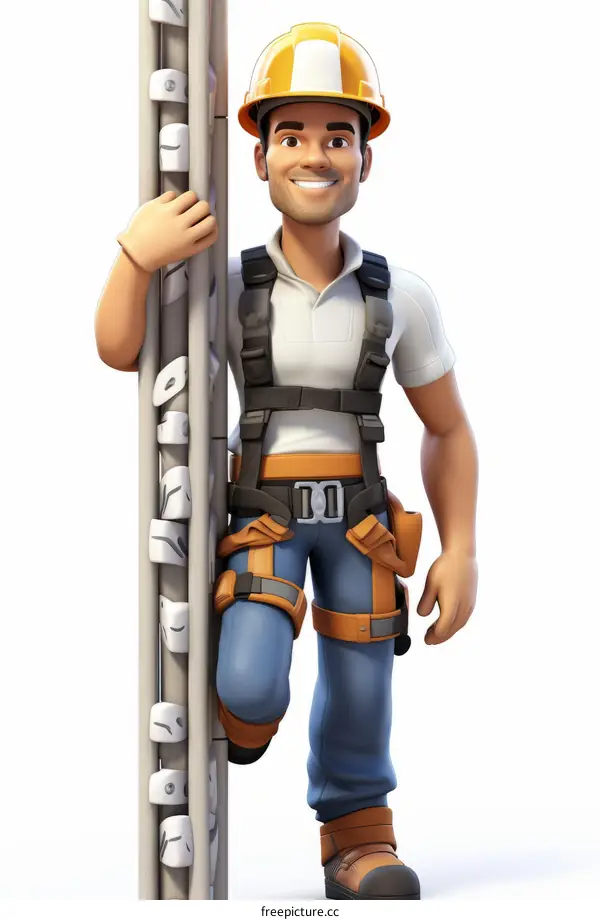 builder wearing hardhat and safety harness leaning on scaffolding