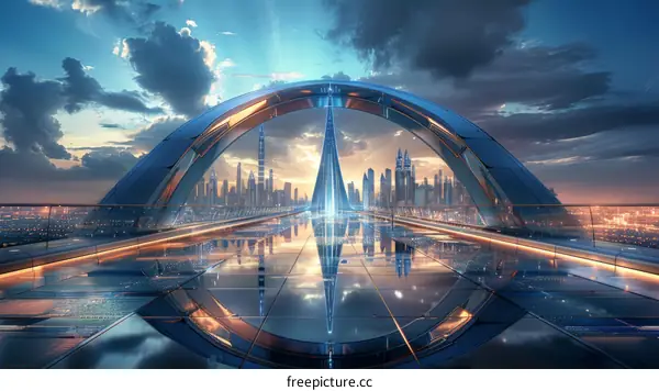 futuristic city with a large bridge in the center