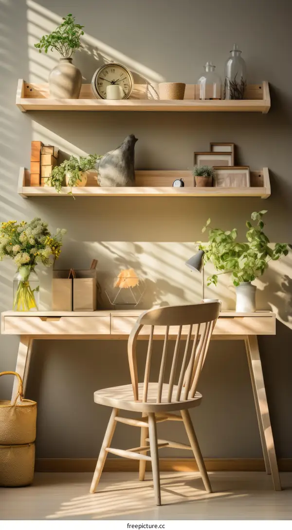A wooden desk with a lot of stuff on it