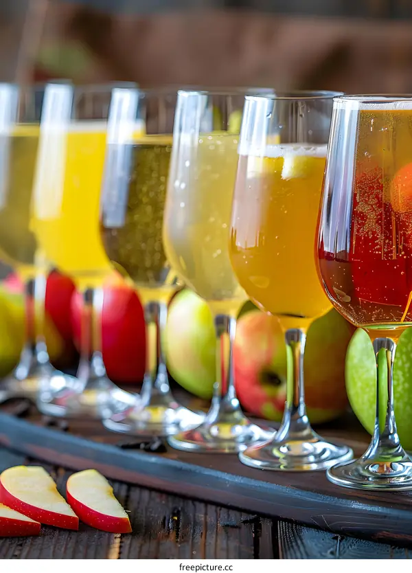 Variety of Apple Cider in Glass with Slices of Apples on Wooden Table