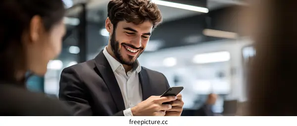 Smiling Businessman Looking at Phone While Talking to Colleague