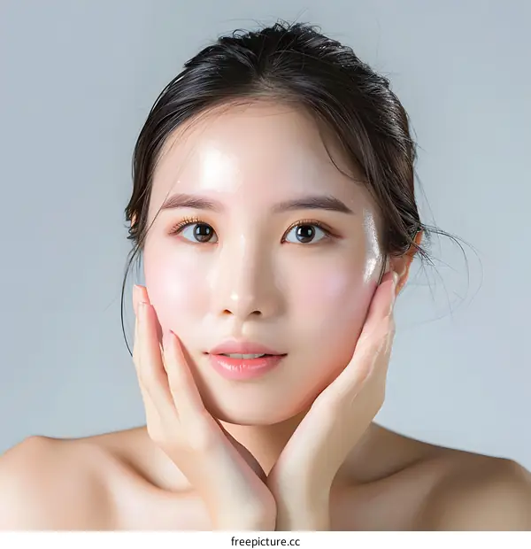 Beautiful Asian Woman with Smooth Skin Touching Her Face