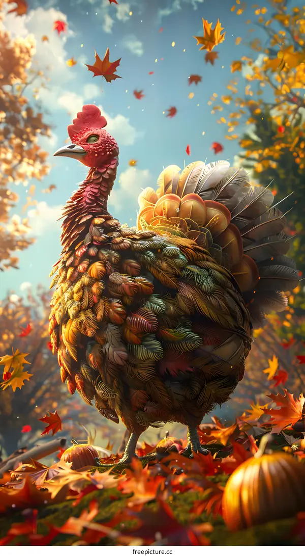 A turkey standing in an autumn forest
