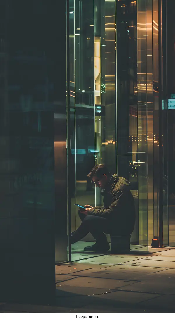 Man Sitting In Front Of A Building Using A Phone