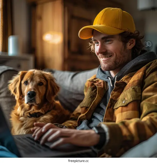 Man with a dog sitting on the couch and using laptop