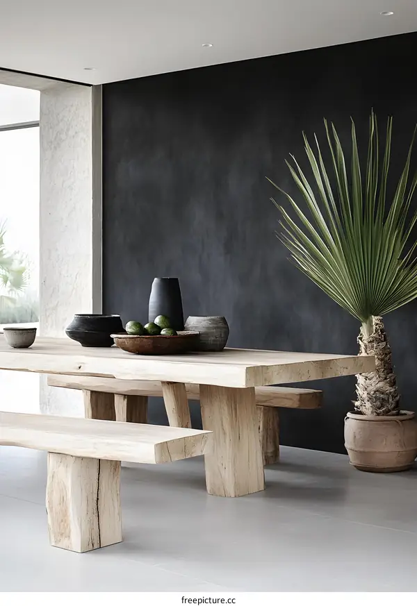 Minimalist Interior Design With Wooden Table and Bench