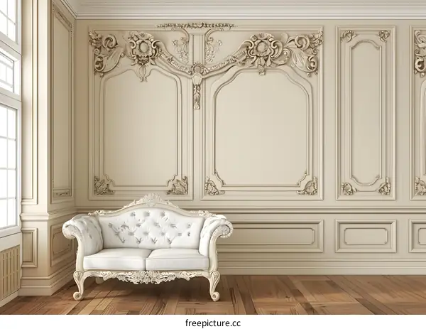 Elegant White Sofa In A Room With Classic Wall Paneling