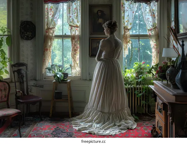 A woman wearing a white dress is standing in a room with many windows.