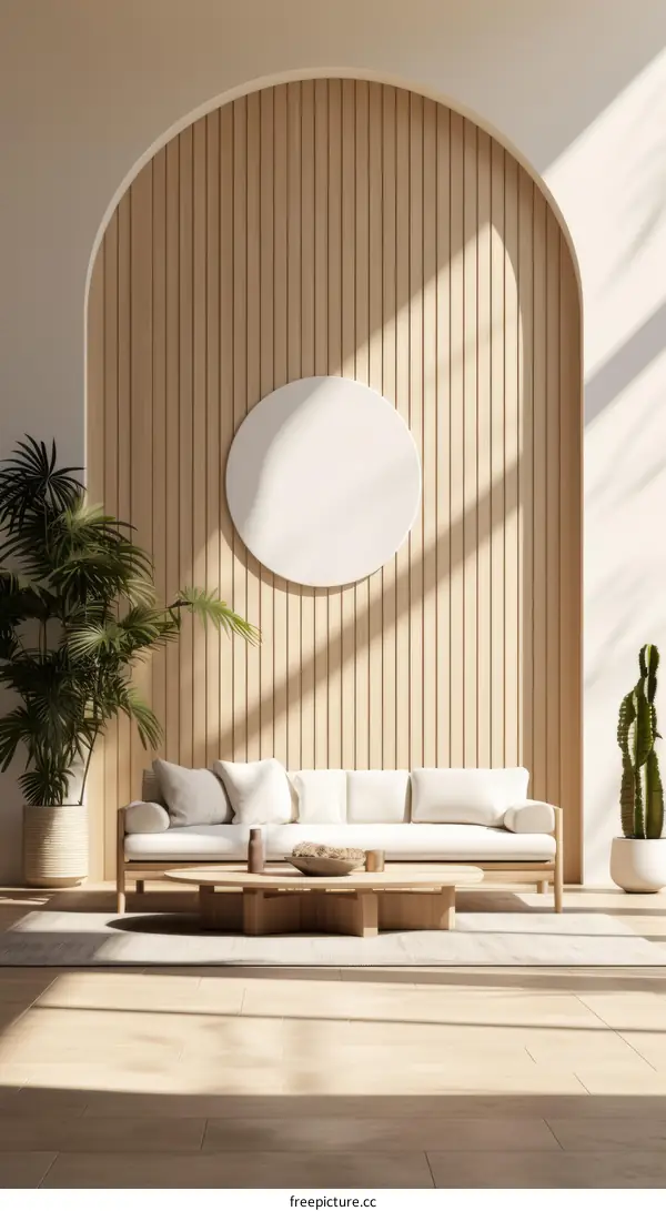 Modern minimalist living room interior with sofa coffee table and plants