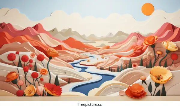 Vibrant Minimalist Landscape with Rolling Hills and Flowers