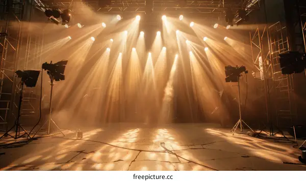 Empty film studio with bright stage lights and spotlights.影视棚内空无一人，只有明亮的舞台灯光和聚光灯。