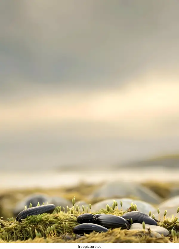 Seashells on a Mossy Beach at Sunset