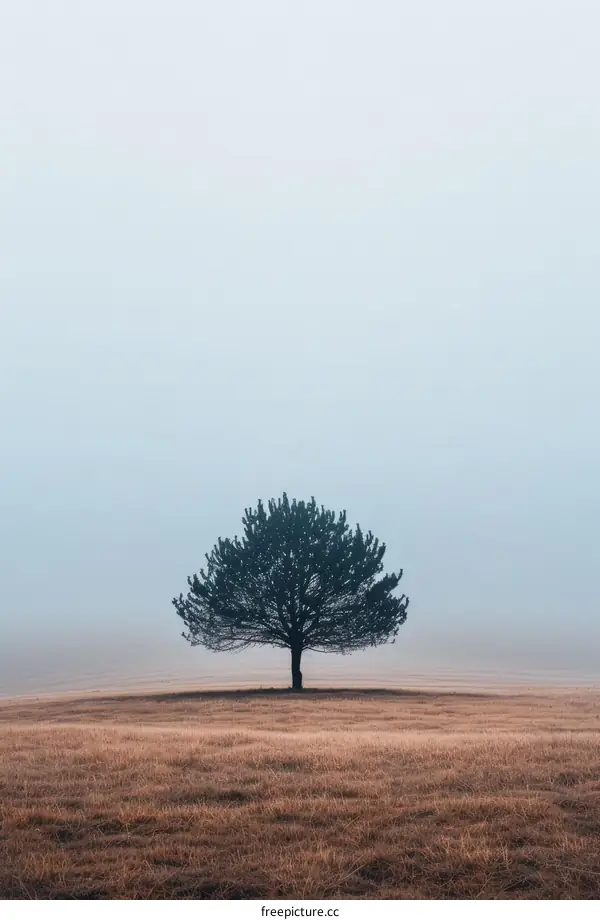 Tree Standing Alone in a Foggy Field