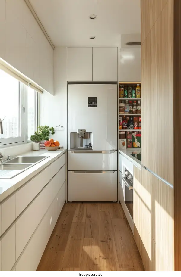 Small apartment with white cabinets and wood accents