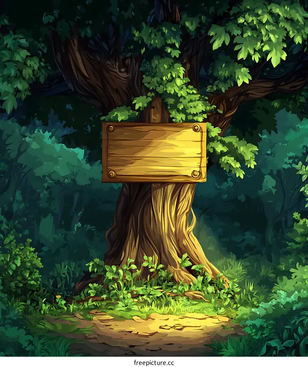 Wooden Sign Hanging On Tree In Forest