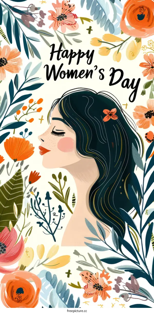 Happy Women's Day Illustration with Diverse Women and Floral Elements