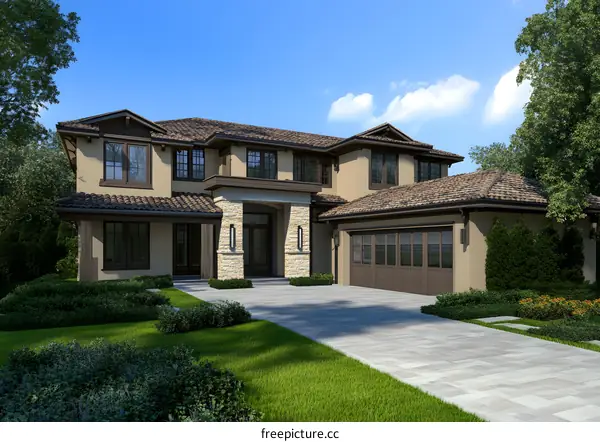 Modern Luxury Home with Brown Roof and Stone Facade