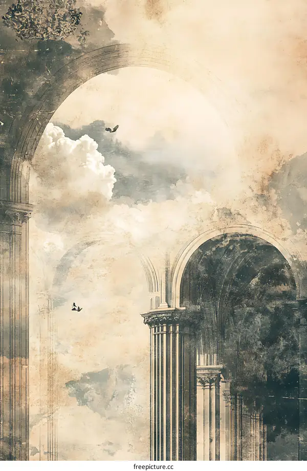 Vintage Style Architectural Arches With Birds Flying In Sky
