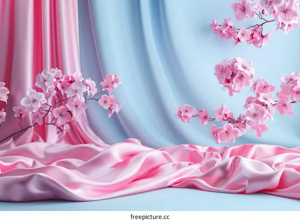 Pink Cherry Blossoms on Pastel Silk