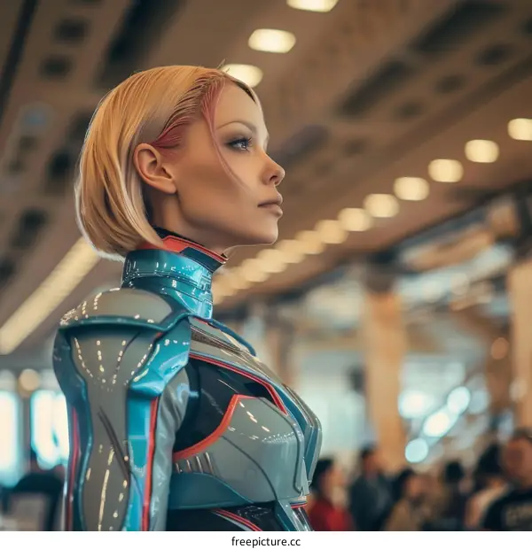 Portrait of a young blonde woman in a futuristic armor suit