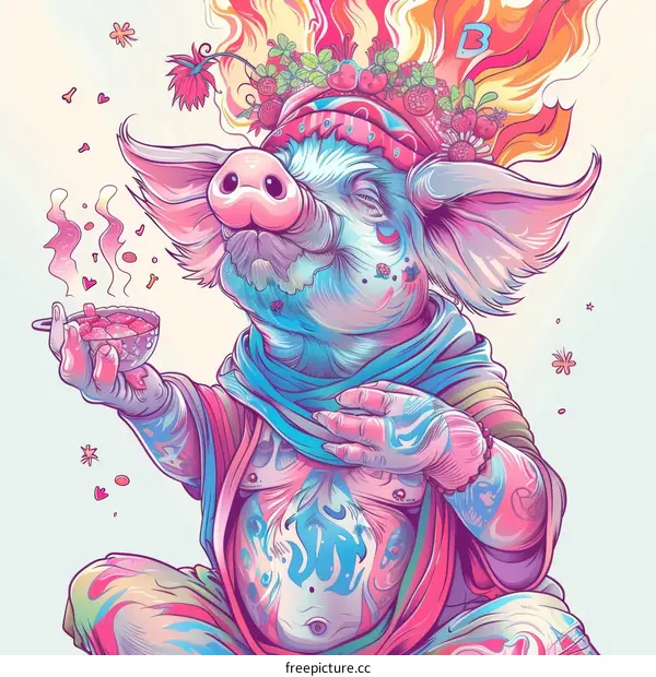 A psychedelic pig wearing a headdress with flowers and fruit is holding a bowl of soup.