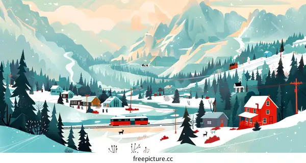 Winter Scene Illustration with Snowy Mountains and Houses