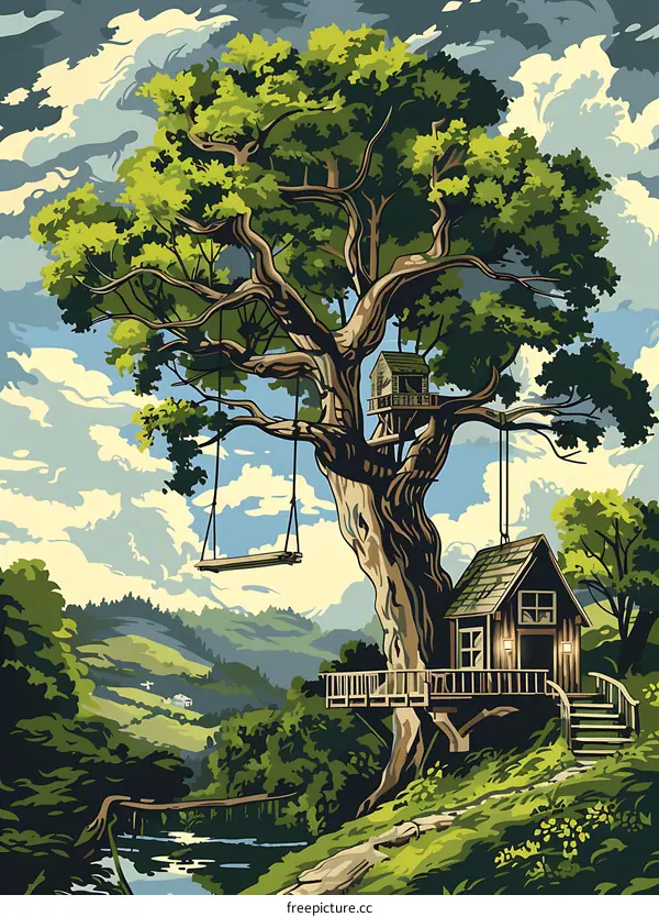 Treehouse With Swing Set in Forest