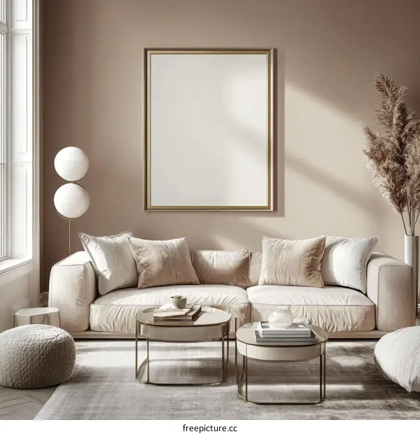 Modern Beige Living Room Mockup with Empty Frame