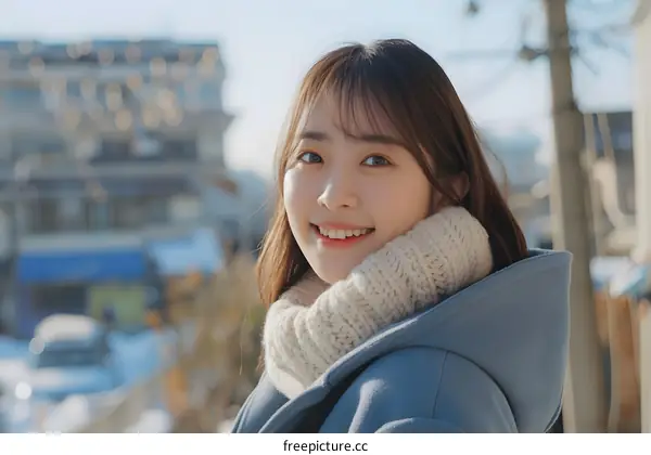 Smiling Asian Woman Wearing a Blue Coat and a White Knitted Scarf in the Winter