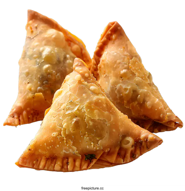 [Transparent Background PNG]Three golden brown samosas on a white background