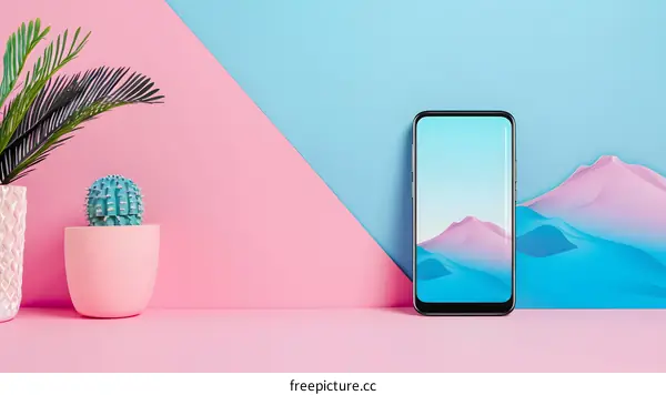 Smartphone with Cactus and Palm Tree on Pink and Blue Background