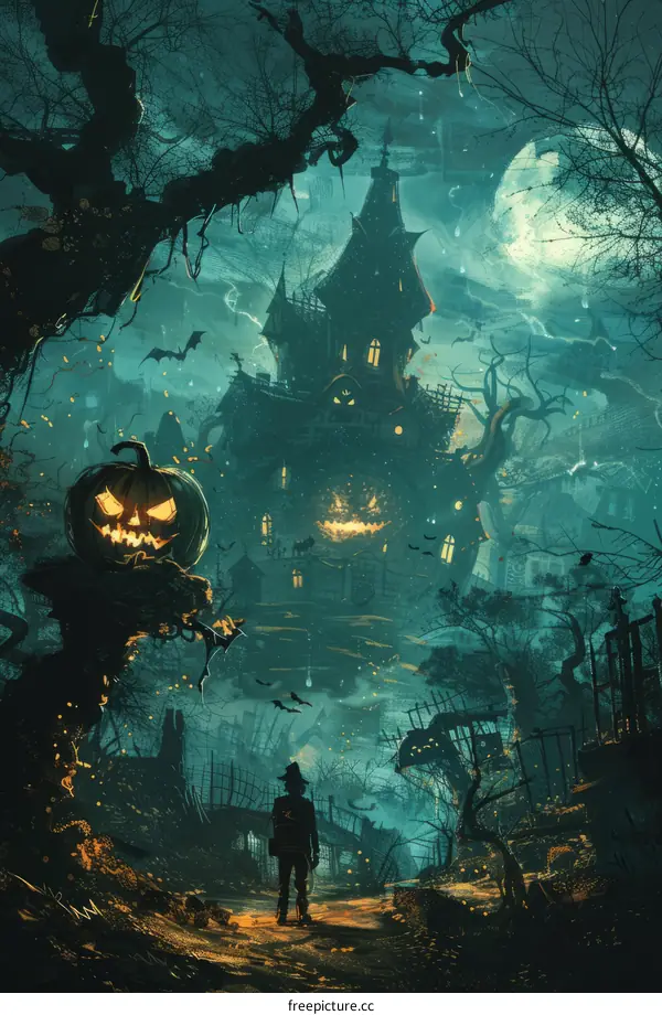 Spooky Haunted House with Jack-o'-Lantern Illustration