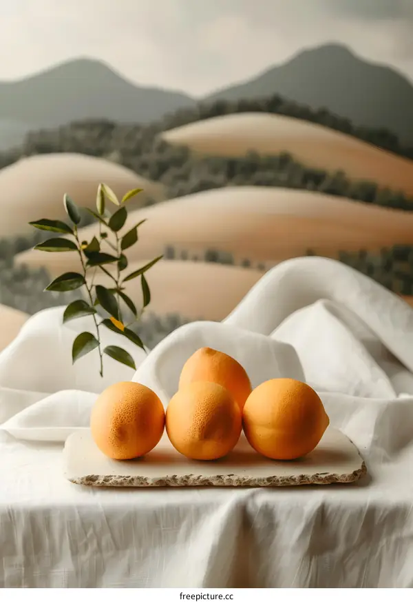 Fresh Oranges with Green Leaves on a White Tablecloth with Mountain Background