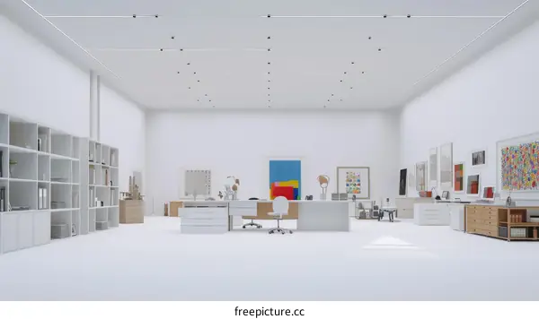 An illustration of a modern office space with white walls and furniture